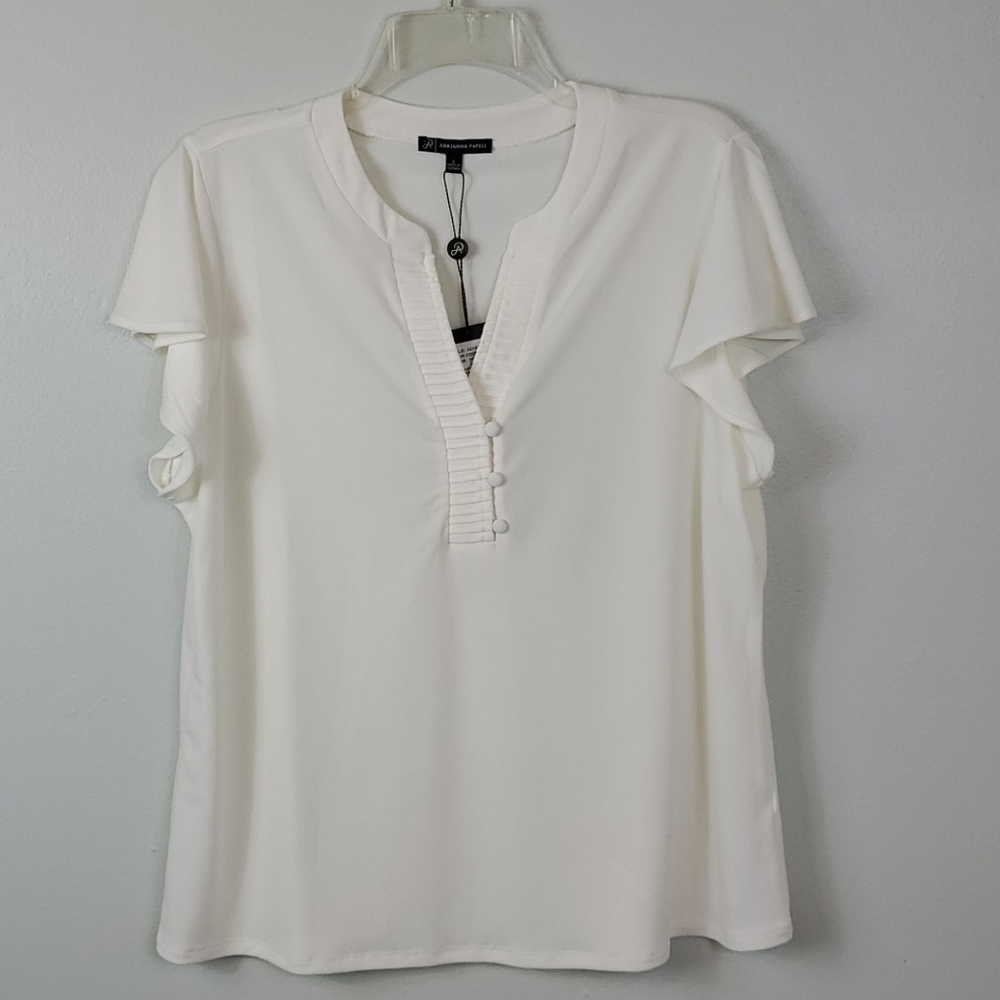 Adrianna Papell Solid Pleated Placket Knit Top NWT